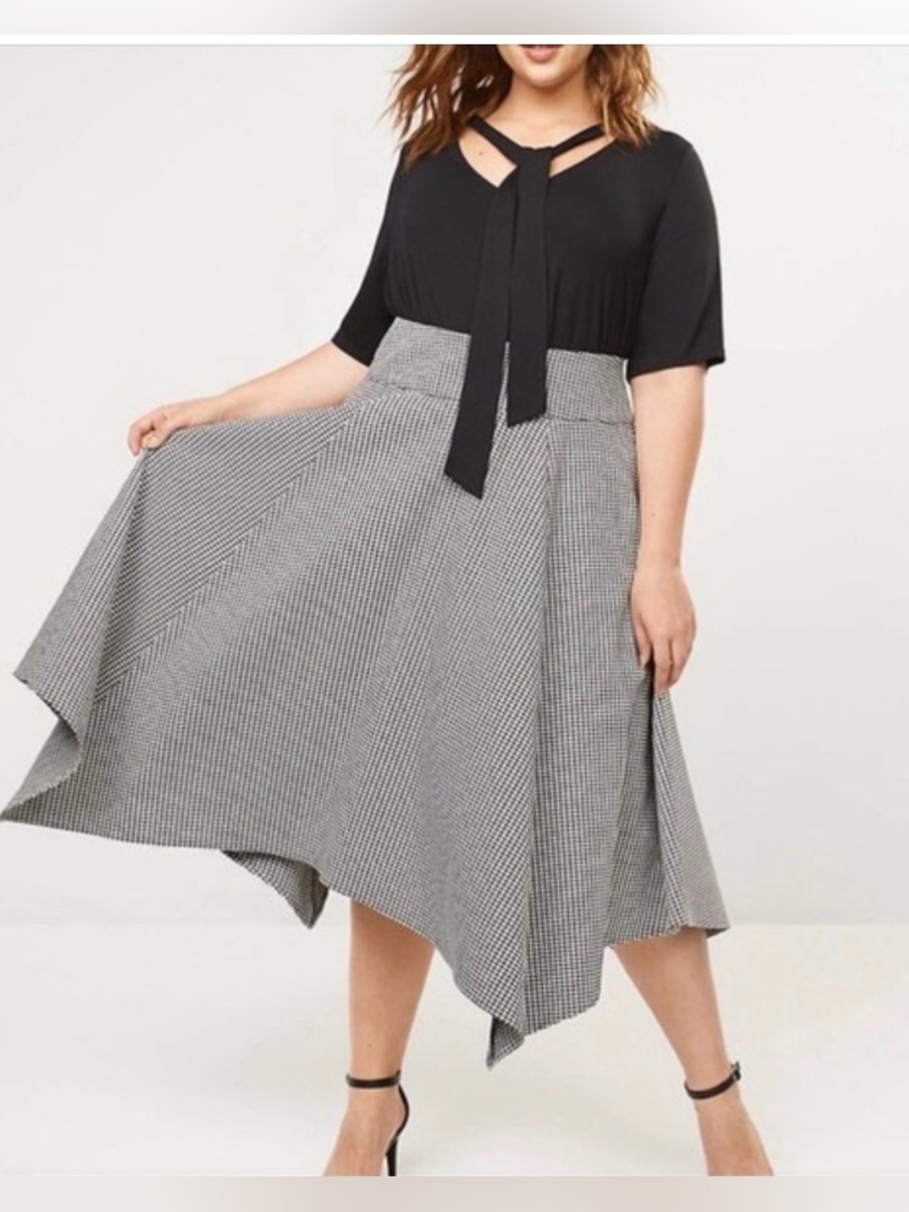 Lane Bryant Black Top with Gray Houndstooth Asymmetrical Skirt